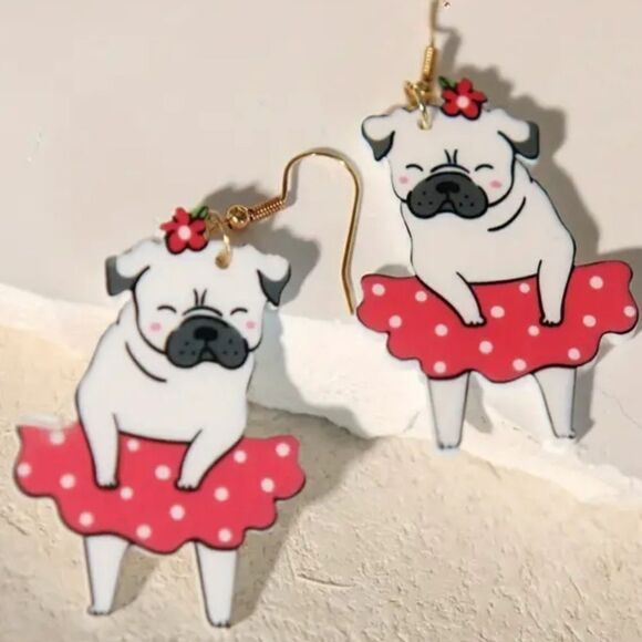 14k Pug Dog in tu tu summer whimsical novelty fun dangle earrings - Picture 4 of 6